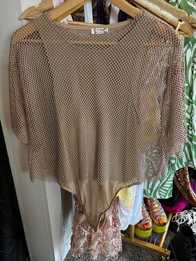 Free People Embellished Mesh Bodysuit in Champagne